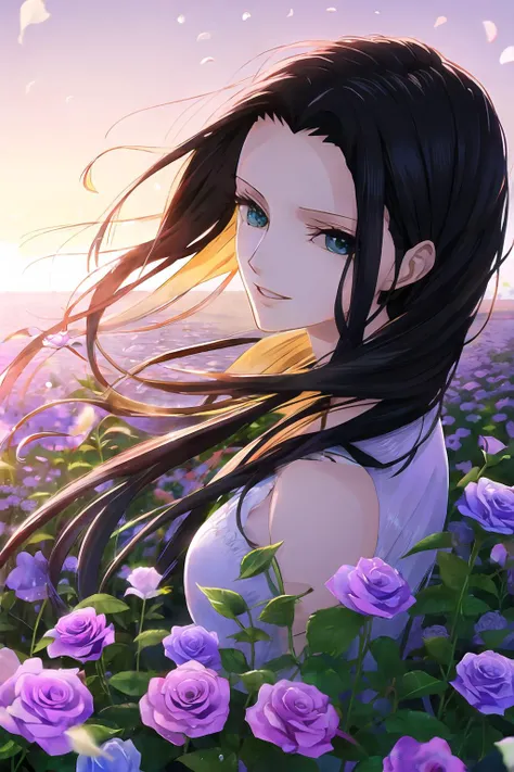 mksks style, robin_v2_1600, (very detailed background:1.0), (highly detailed background:1.0), masterpiece, best quality, (1girl), solo, (girl:1.2), (happy), long hair, black hair, open arms, flower field, flowers:2, motion blur, roses, (summer:1.2), chroma...