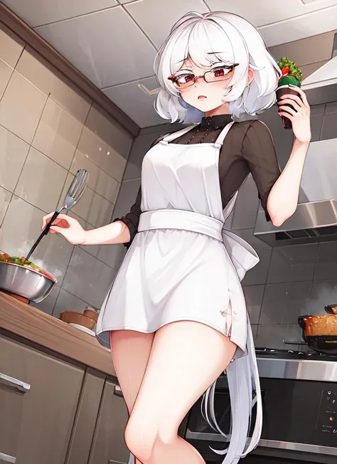 ((best quality)), ((highly detailed)), masterpiece, absurdres, (detailed eyes, deep eyes), (1girl), (glasses), from below, pantyshot, upper body, albino, white hair, short hair, red eyes, <lora:colored_eyelashes:1>, COLORED EYELASHES, white eyelashes, very...