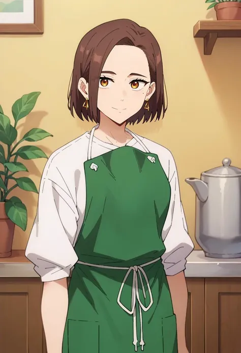 anime girl in green apron standing in kitchen with potted plant