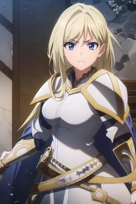 femaleknight, <lyco:femaleknight-lyco-nochekaiser:1>, 
female knight, long hair, blue eyes, blonde hair,
break weapon, sword, ca...