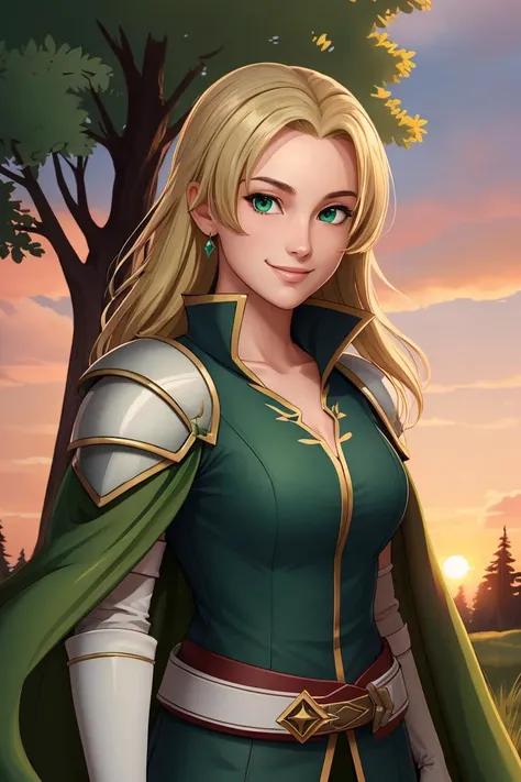 masterpiece, best quality, feSelena, brown tunic, green cape, white elbow gloves, shoulder armor, belt, upper body, looking at viewer, serene smile, forest, bog, sunset , <lora:selena-nvwls-v2:0.9>