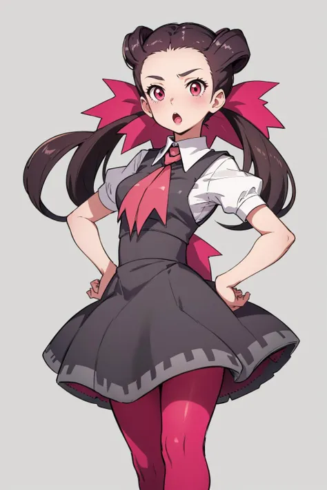 masterpiece, best quality  <lora:roxanne-nvwls-v1:0.9> twintails, hair ribbon, ascot, grey dress, white shirt, puffy short sleeves, pink pantyhose, mary janes, hand on hip, :o, simple background