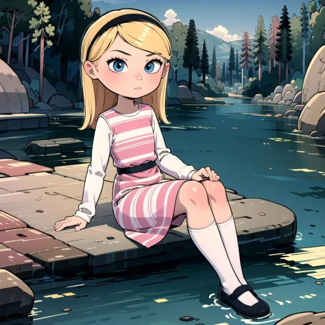 anime girl sitting on a dock in a river with a mountain in the background