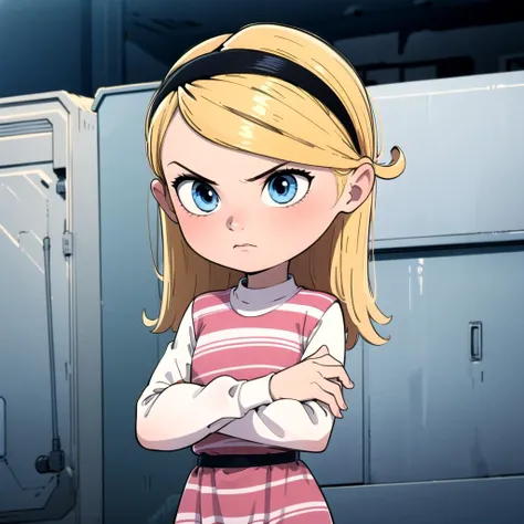 anime girl with blonde hair and blue eyes standing in front of lockers