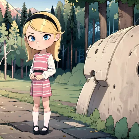 a close up of a cartoon girl standing on a stone walkway