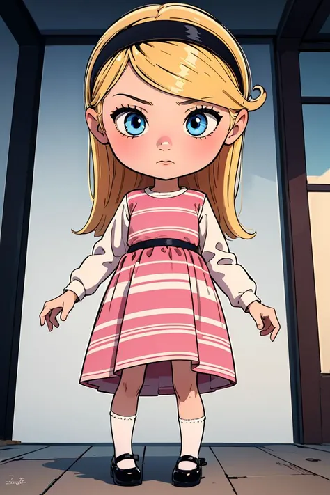 a cartoon girl in a pink dress standing in front of a door