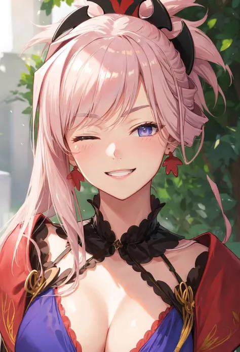 best quality, masterpiece, highres, solo, {miyamoto_musashi_fgo:0.90}, smile, happy, one_eye_closed, portrait, looking at viewer