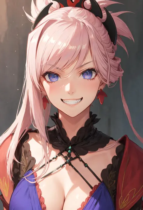 best quality, masterpiece, highres, solo, {miyamoto_musashi_fgo:0.90}, evil_grin, evil_smile, grin, portrait, looking at viewer