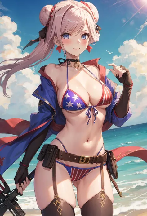 best quality, masterpiece, highres, solo, {miyamoto_musashi_fgo:0.90}, 1girl, american_flag_bikini, looking_at_viewer, swept_bangs, navel, bun_cover, single_hair_bun, smile, blush, cleavage, shrug_(clothing), belt, fingerless_gloves, thighhighs, gunblade, ...