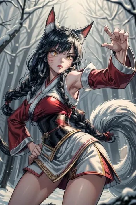 masterpiece, best quality, 1girl, IncrsAhri, <lora:Ahri:1>, multiple tails, fox tail, korean clothes, skirt, braid, arms behind back, angry, attacking, fighting, dynamic pose, fighting stance, in the forest, winter, snow everywhere, snowman, red lips, ligh...