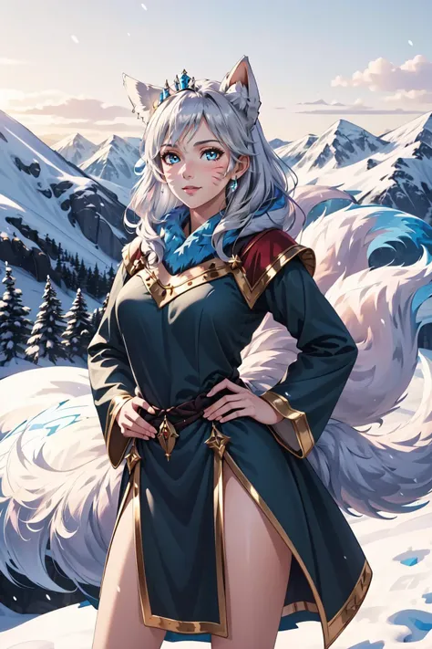 (masterpiece, best quality),  intricate details,
1girl,    <lora:AhriWinterQueen:0.8> IncrsAhriWinterQueen, ice, whisker markings, facial mark, fox tail, multiple tails, blue dress
hands on hips, smug, alaska, snow, outdoors, mountains,