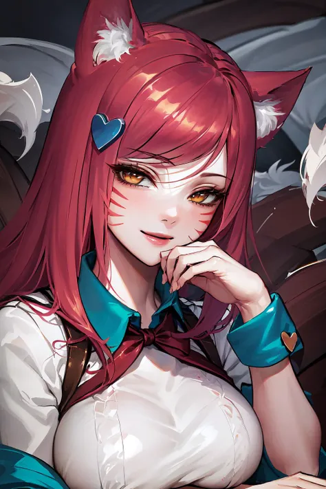 masterpiece, best quality, IncrsAhriAcademy, facial mark, fox tail, multiple tails, school uniform, <lora:AhriAcademy:1>, upper body, half-closed_eyes, <lora:Expression_HalfClosedEyes:1>, seductive smile, heart,