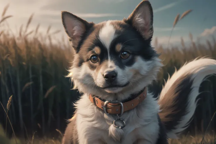 a close up of a dog with a collar on in a field