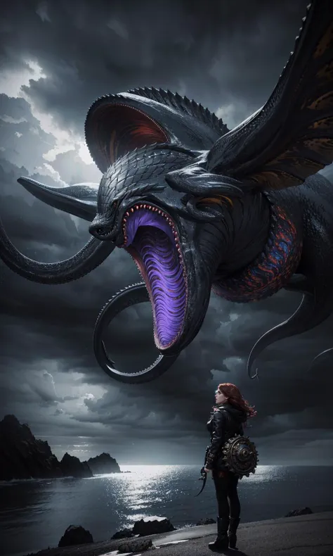 a woman standing on a beach next to a giant dragon