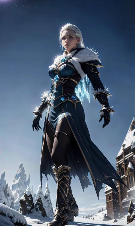 a woman in a blue outfit standing on a snowy hill