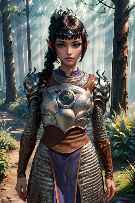 a woman in armor standing in a forest with trees