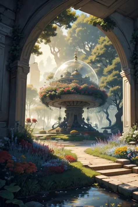 a painting of a fountain surrounded by flowers and trees