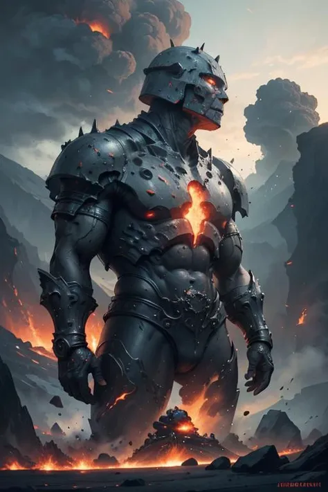 a man in armor standing in front of a mountain with lava