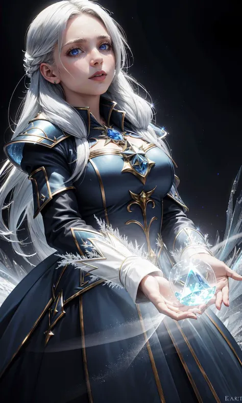 a woman with white hair and blue eyes holding a crystal