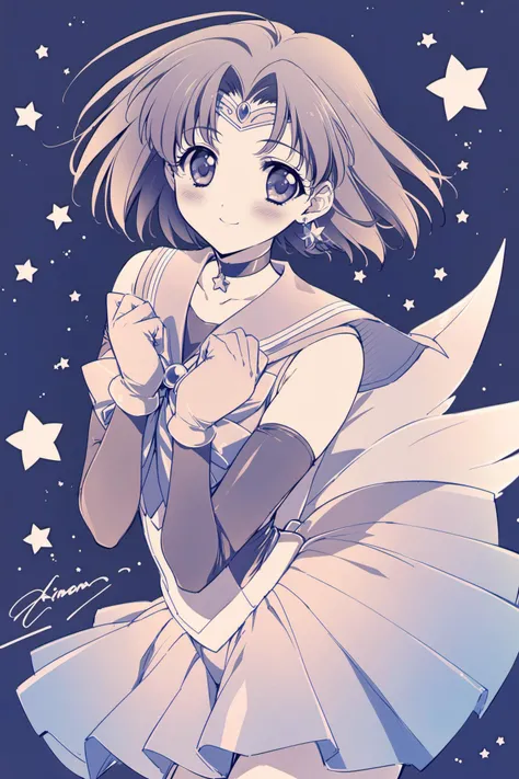 1girl, solo, sailor senshi uniform, magical girl, short hair, gloves, choker, skirt, monochrome, star (symbol), blue theme, sailor collar, bow, elbow gloves, mizuno ami, smile, jewelry, tiara, earrings, sailor mercury, blush, blue background, interlocked f...