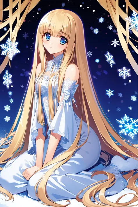 1girl,solo,long hair,snowflakes,blue eyes,blonde hair,dress,sitting,very long hair,wariza,bare shoulders,looking at viewer,<lora:Carnelian_XL:0.8>,