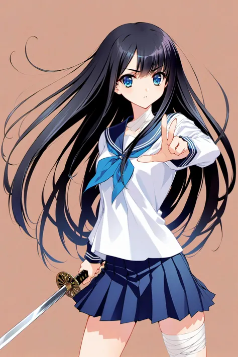 Hazuki,1girl,weapon,school uniform,holding sword,solo,long hair,bandages,serafuku,katana,skirt,very long hair,black hair,blue eyes,standing,simple background,<lora:Carnelian_XL:0.8>,