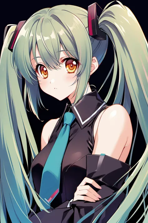 1girl, solo, hatsune miku, necktie, yellow eyes, green hair, detached sleeves, twintails, alternate hair color, alternate color, upper body, looking at viewer, black background,<lora:Carnelian_XL:0.8>,