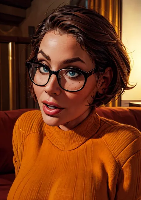 arafed woman wearing glasses and a sweater sitting on a couch