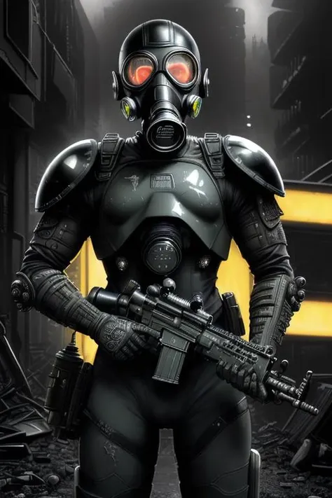 masterpiece photo of ((high detail futuristic shock trooper, muscular frame)) (((flat  black with high contrast neon details))), ((((wearing high detail gas mask with black eye lenses)))) intricate high detail, dramatic, very dark lighting, heavy shadows, ...