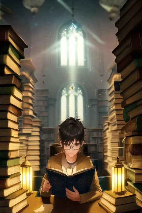 soft glowing dust , library, (soft magical lighting:1.5), masterpiece, high detail, (realistic:0.4) (cartoon:0.5)