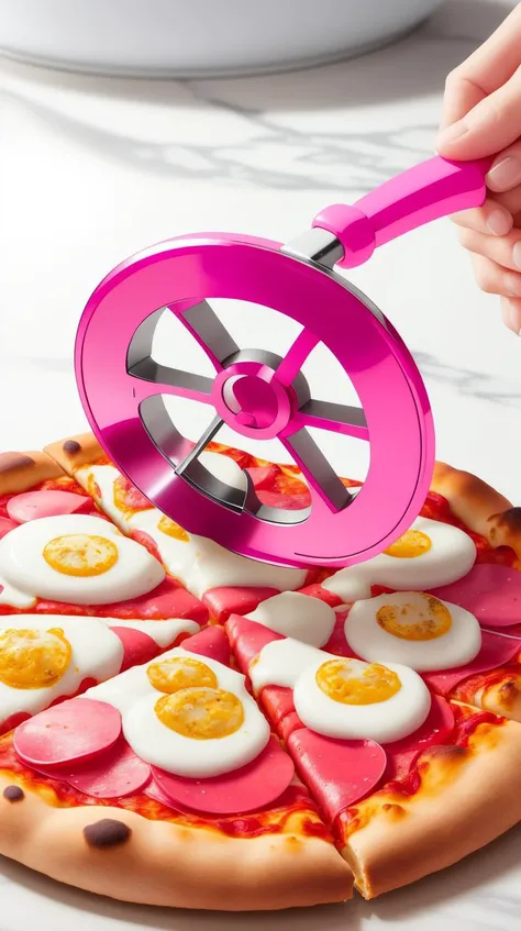 Pink colored <lora:BarbieCore:0.8> BarbieCore Pizza cutter, (shiny plastic:0.8), (pink plastic:0.9), anime style