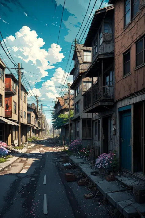 Very cozy little place,surrealism,(Makoto Shinkai anime:0.4),dilapidated old houses on city streets,home wiring,outdoors,sky,clouds,daytime,landscapes,trees,blue sky,buildings,signs,wires,railings,Wide shot,telephone poles,town,wilderness,flowers,a mess of...