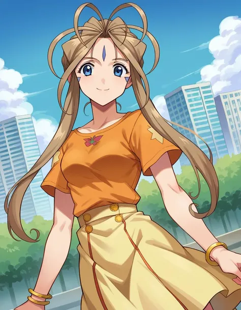 score_9, score_8_up, score_7_up, source_anime,
belldandy, <lora:belldandy-ponyxl-lora-nochekaiser:1>,
belldandy, long hair, blue eyes, brown hair, facial mark, forehead mark, smile,
shirt, orange shirt, short sleeves, belth, skirt, yellow skirt, bracelet,
...