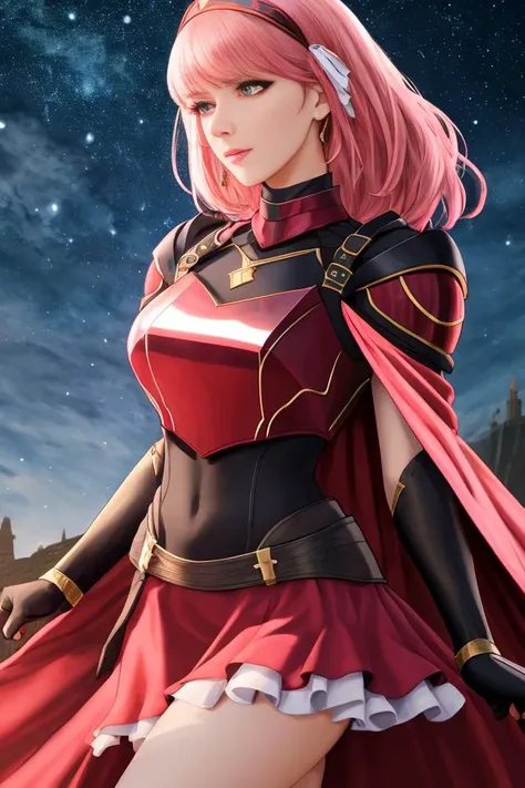 beautiful woman, stretching, arms above head , Nighttime, <lora:Lapis_FE-10:0.7>, lapis fe bangs skirt gloves braid hairband parted_lips black_gloves pink_eyes cape armor red_skirt shoulder_armor breastplate,, extremely detailed 4k UHD , highly detailed, s...