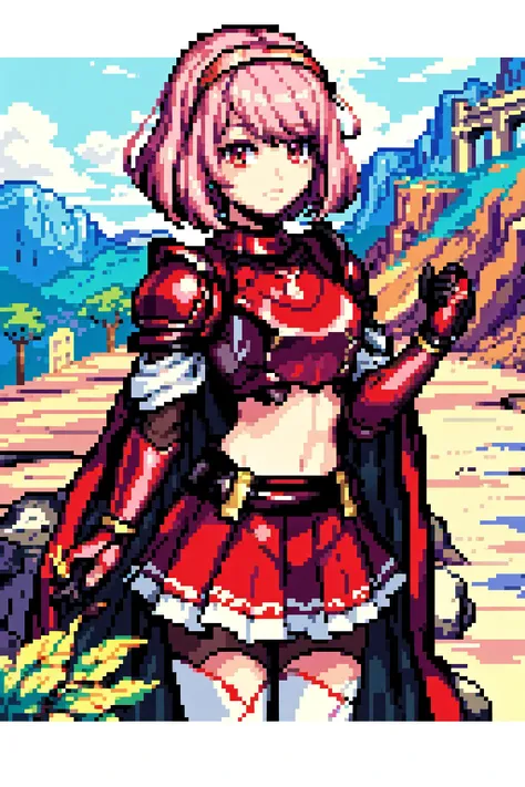 thick outlines, comics, photorealistic, perfect hands, masterpiece:1.2, 1girl, solo, standing, <lora:Lapis_def:0.7>, lapis_def, short hair, pink hair, red eyes, white thigh highs, cape, red skirt, red armor, colosseum, rocks, sand, detailed face, detailed ...