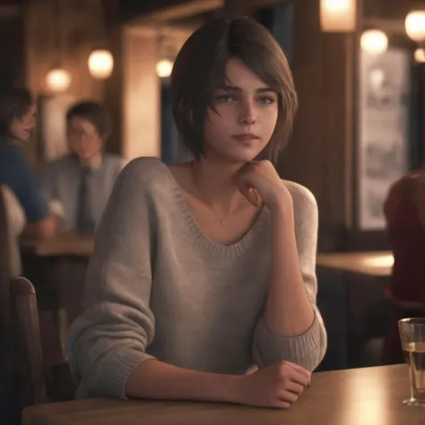 realistic,Best quality,masterpiece,ultra high res,sweater,1girl,jote,looking at viewer,upper body,<lora:jote_sdxl_v1:0.6>,restaurant, sitting