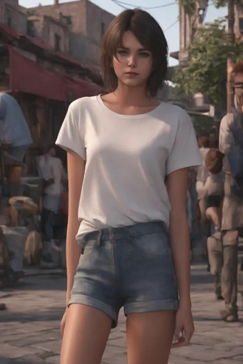 Best quality,realistic,ultra high res,1girl,jote,looking at viewer, white t-shirt, <lora:jote_sdxl_v1:0.6>, street, denim shorts,