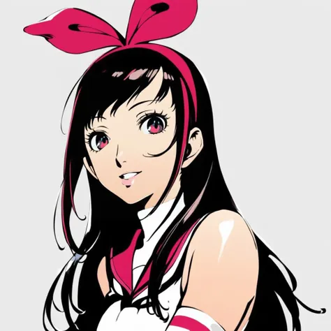 anime girl with long black hair and pink bow in white shirt