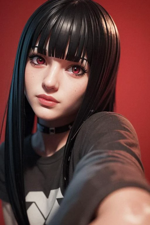 photorealistic, detailed face, detailed eyes, detailed, absurdres, 3d, unreal engine, red background, upper body,
(1girl), charlottefortnite, long hair, black_hair, bangs, blunt_bangs, red eyes, choker, red eyes, skirt, black_skirt, black shirt, belt, knee...