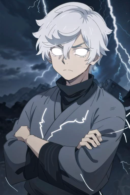 1boy, solo,  <lora:LowTierMeme:1>, lightning bolts, glowing eyes, crossed arms,  <lora:hellsparadise_style_offset:1> hellsparadise style, solo, white hair, turtleneck, nature, flower, japanese clothes, grey eyes, upper body, forest, looking at viewer,