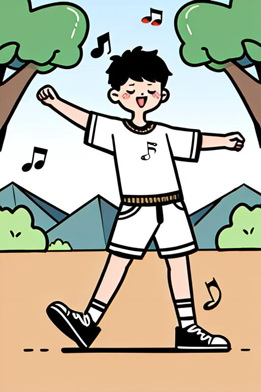 cartoon of a boy with a musical note in his hand