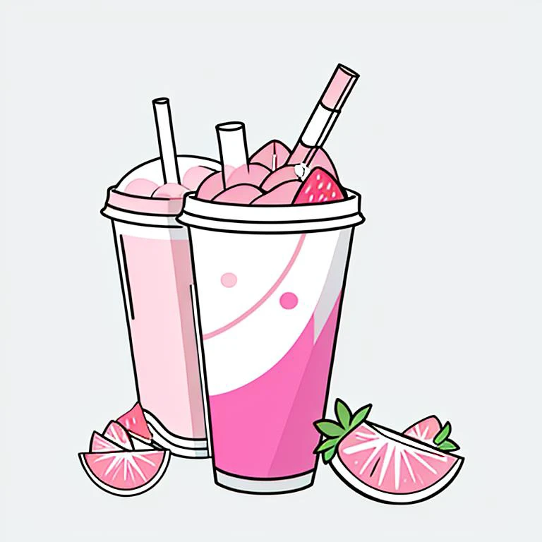 a cartoon of a pink drink with strawberries and a straw