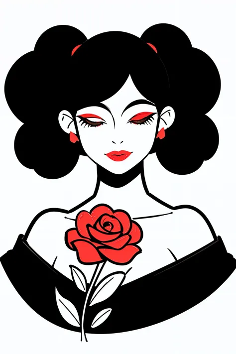 a woman with a flower in her hand and a black dress