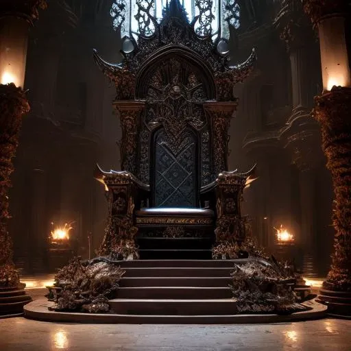 a large throne in a dark room with candles and a large window