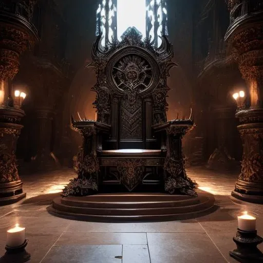 a close up of a throne in a dark room with candles