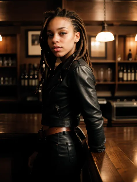 RAW photograph, tv_Kiffany_Washington_MXAI
BREAK
, hard expression, wearing biker boots, wearing detailed leather pants, wearing a band t-shirt, wearing a leather jacket, standing at the bar in a biker bar, shot from the side,
 BREAK, 8k uhd, dslr, soft li...