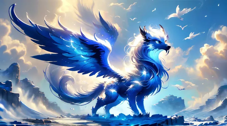 a close up of a blue dragon with wings flying in the sky