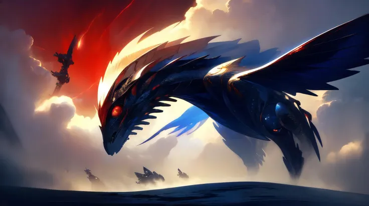 a close up of a dragon flying through the sky with a red and blue light