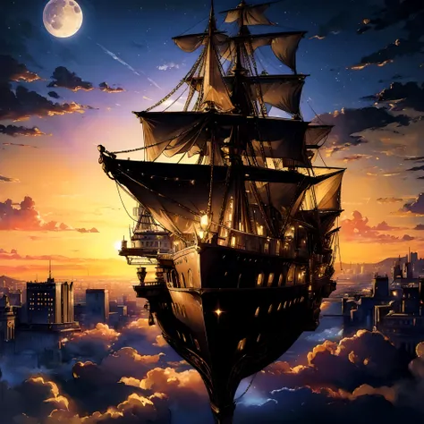 ((masterpiece, hdr, detailed, intricate, 8k)) In the Sky, City, Cloud, Moon, Sunset,  Flying Ship