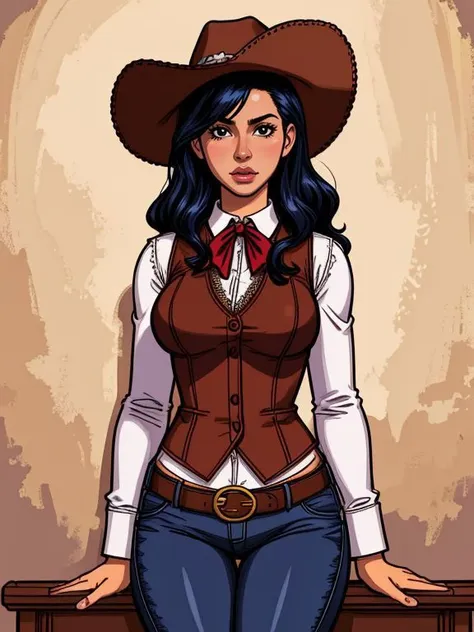 a cartoon of a woman in a cowboy outfit and hat